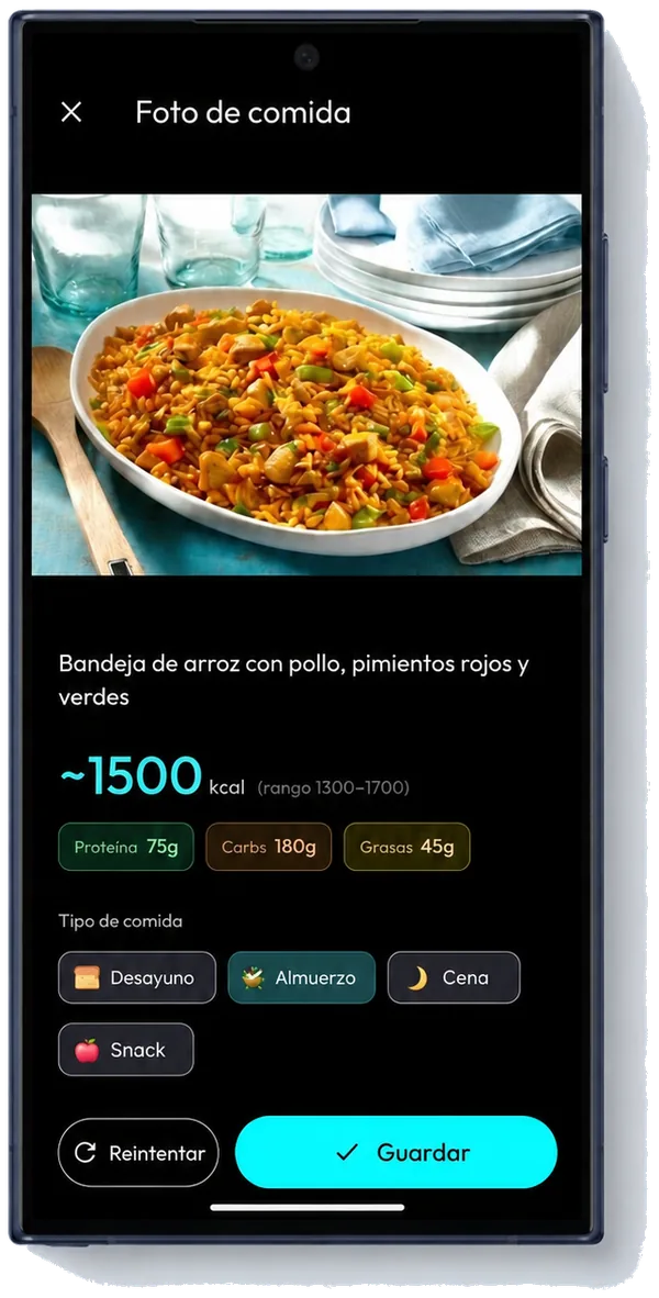 Toma una foto del plato y Logs estima calorías y macros al instante.