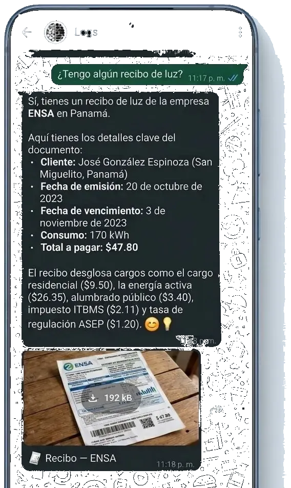 Le preguntas y te devuelve el recibo exacto que registraste — monto, fecha y desglose.