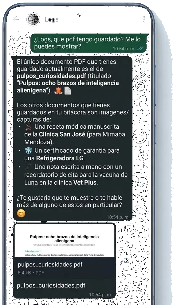 Tus documentos guardados — facturas, recetas, garantías — encontrados en segundos.